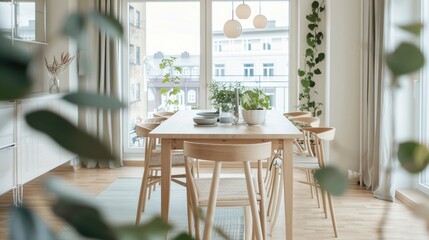 Fototapeta premium A Scandinavian-inspired dining space with clean lines, light wood, and greenery accents