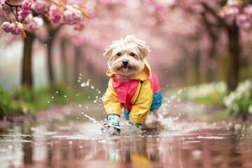 maltese dog dressed in raincoat and boots, splashing playfully in puddles beneath blooming cherry blossoms, spring rain, April or march month dogs calendar