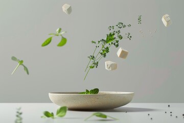 minimalist 3D illustration of a salad ingredients falling into the plate, vegan cheese and greenery