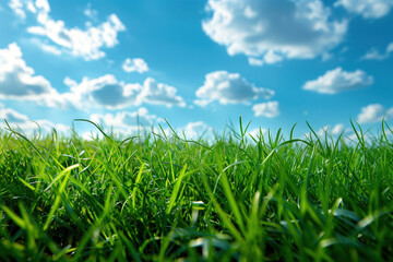 Obraz premium Green grass field under a blue sky