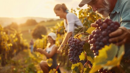 A family of farmers harvesting ripe grapes in a vineyard, with the scenic beauty of the vineyard in the background and ample copy space, no text,