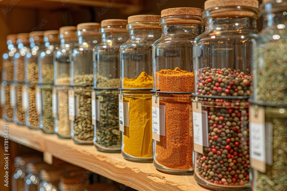 Poster a close-up shot of glass jars filled with various spices on a wooden shelf in a grocery store.