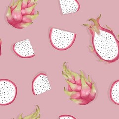 Seamless pattern with dragon fruits, pitaya background. Hand drawn illustration in watercolor style for summer romantic cover, fabric design, tropical wallpaper, vintage texture