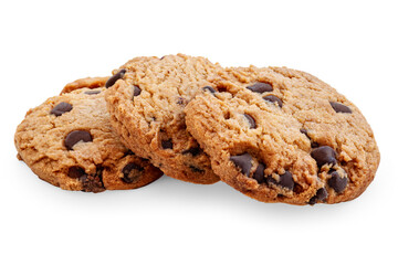 Dark chocolate chip cookies isolated on white background. Cookies with chocolate drops closeup.