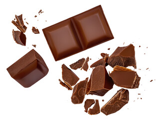  Levitating milk chocolate chunks isolated on white background. Broken chocolate bar pieces and cocoa crumbs  falling on white background.
