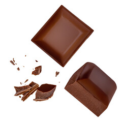  Levitating milk chocolate chunks isolated on white background. Broken chocolate bar pieces and cocoa crumbs  falling on white background.