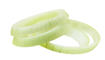  Onion rings  isolated on white background. Fresh white Onion pieces side view. Macro.