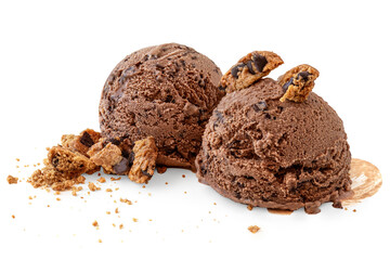 Chocolate ice cream ball isolated on white background with chocolate chip cookies. Summer dessert close up.