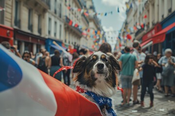 festive atmosphere of Bastille Day  dog dressed in patriotic colors, waving a French flag as it joins in the celebrations along the bustling streets Paris