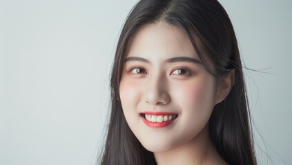 Naklejka premium Skin care. Korean Woman with beauty face touching healthy facial skin portrait. Beautiful smiling asian girl model with natural makeup touching glowing hydrated skin on blue background closeup.