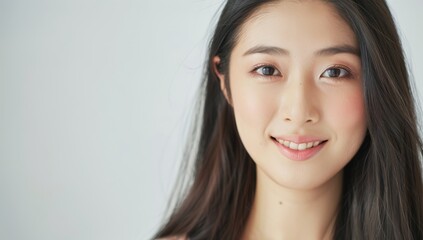 Naklejka premium Skin care. Korean Woman with beauty face touching healthy facial skin portrait. Beautiful smiling asian girl model with natural makeup touching glowing hydrated skin on blue background closeup.