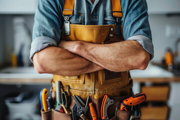 A man craftsman in a work uniform stands with his arms crossed. He is wearing a tool belt filled with various tools, suggesting he is prepared for any challenge
