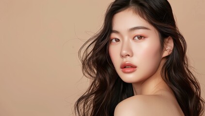 Naklejka premium Skin care. Korean Woman with beauty face touching healthy facial skin portrait. Beautiful smiling asian girl model with natural makeup touching glowing hydrated skin on blue background closeup.