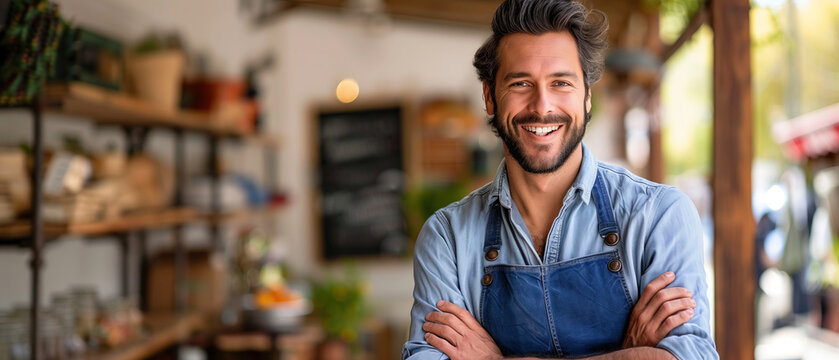 A day in the life of a smiling shop owner. A man in a denim apron stands in his shop, arms crossed and smiling warmly