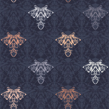 Stylised ornamental seamless vector honey bee pattern in shades of purple and orange. Abstract geometric  insect background with regularly repeating texture for home decor, wallpaper and fashion.