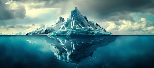 "A Majestic Iceberg Melting in the Ocean Under a Clear Blue Sky, Signifying Climate Change and Global Warming Effects on the Environment"






