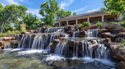 Ranch-style home with a series of cascading waterfalls in the backyard, creating a tranquil water garden