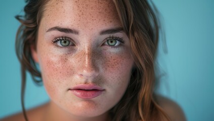 Fototapeta premium A beautiful woman with brown hair and freckles Beautiful young woman with flawless skin. Portrait of a beautiful model wearing natural nude makeup. Spa, skincare, and wellbeing. White background