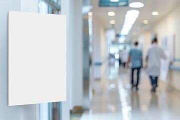 Fototapeta premium Mock-Up promotion poster displayed on the front of bright blur medical clinic, hospital interior background with defocused effect. Blank A4 white paper on abstract defocused luxury office corridor. Ad