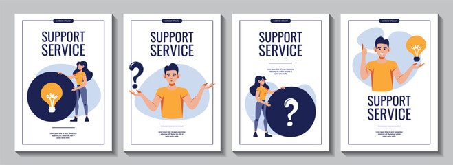 Set of flyers with people with question icon and bulb icon. Vector illustration for banner, advertising, promo. Decision, support, problem solution, idea, communication concept.