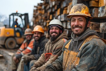 Fototapeta premium A group of construction workers in safety gear take a break, sitting outdoors smiling at the camera, reflecting camaraderie, hard work, and the importance of breaks during demanding physical labor.