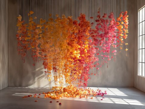 Autumn Leaf Cascade: Vibrant Indoor Art Installation. This stunning indoor art installation features cascading autumn leaves in orange and red hues, creating a mesmerizing display of color and form.