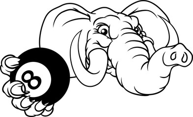 Elephant Pool 8 Ball Billiards Mascot Cartoon