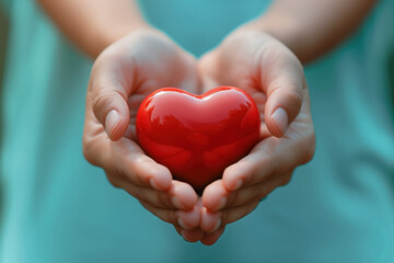 Fototapeta premium Red heart in hands, close-up. Concept of love, care, health, medicine