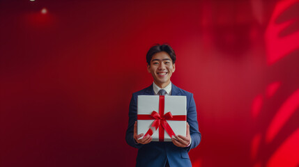 Asian businessman holding white gift box with red ribbon isolated on red wall