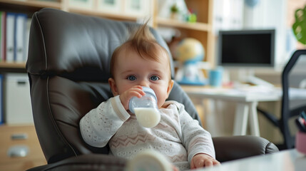 baby sitting on chair and drinking bottle of milk in office, Growing up in the office concept