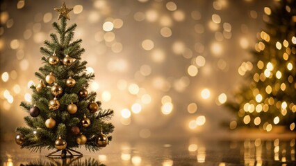 christmas lights on chistmas tree isolated on  shiny background, blurred holiday season background with xmas fir in foreground, golden christmas decoration concept with free space