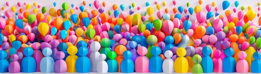 Banner background of a colorful crowd of people made of cut-out paper representing a dense mob gathered at a public event