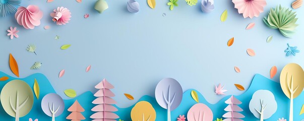 Cut-out paper banner background of trees and colorful leaves like in a child fairy-tale dream