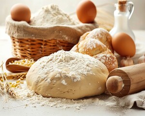 Fototapeta premium Dough Making Process: Fresh Pizza Dough with Flour and Yeast Ingredients