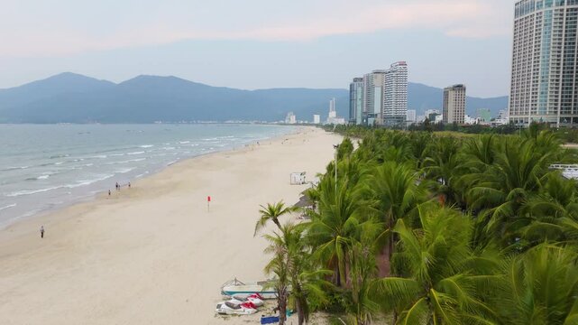 Coconut Trees along Da Nang Beach Aerial Drone Shot, Miami of the East, Mye Khe Beach, Red Flag no Swimming