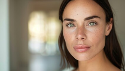 Attractive middle aged woman with brown hair and freckles, skincare, salon. natural beauty smooth skin for Care, and hair and skin care products