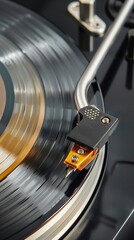 Detailed close-up of a turntable needle playing a vinyl record, highlighting the grooves and the intricate mechanics of the stylus.
