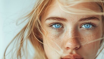 Skincare, salon, perfect face skin after detox, vitamins, collagen, isolated on grey background, wellness wellbeing concept. blonde curly hairstyle dye .Fashion, cosmetics and makeup