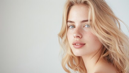 Naklejka premium Woman with perfect skin and hair. Skincare or salon beautiful happy girl model with healthy glowing facial and natural makeup with moisturizing cream smile on isolated background with copy space.