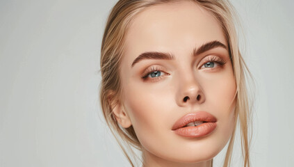 Fototapeta premium Woman with perfect skin and hair. Skincare or salon beautiful happy girl model with healthy glowing facial and natural makeup with moisturizing cream smile on isolated background with copy space.