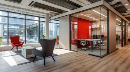 A dynamic office space with modular walls that can be reconfigured for different events and collaborative projects