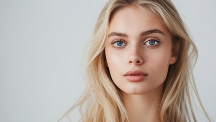 Fototapeta premium Woman with perfect skin and hair. Skincare or salon beautiful happy girl model with healthy glowing facial and natural makeup with moisturizing cream smile on isolated background with copy space.