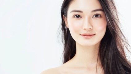 Naklejka premium Skin care. Korean Woman with beauty face touching healthy facial skin portrait. Beautiful smiling asian girl model with natural makeup touching glowing hydrated skin on blue background closeup.