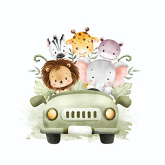 Watercolor Illustration Cute Baby Safari Animals in Car © Stella