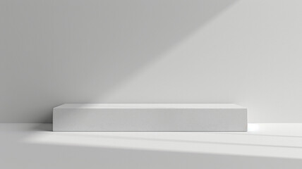 White rectangular low podium on a white background. A podium, stage for product presentation.