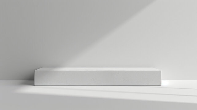 White rectangular low podium on a white background. A podium, stage for product presentation.
