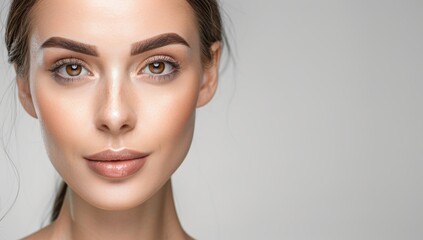 Obraz premium Woman with perfect skin and hair. Skincare or salon beautiful happy girl model with healthy glowing facial and natural makeup with moisturizing cream smile on isolated background with copy space.