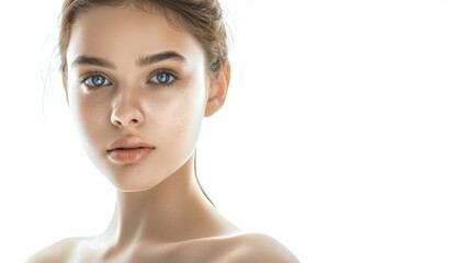 Fototapeta premium Woman with perfect skin and hair. Skincare or salon beautiful happy girl model with healthy glowing facial and natural makeup with moisturizing cream smile on isolated background with copy space.