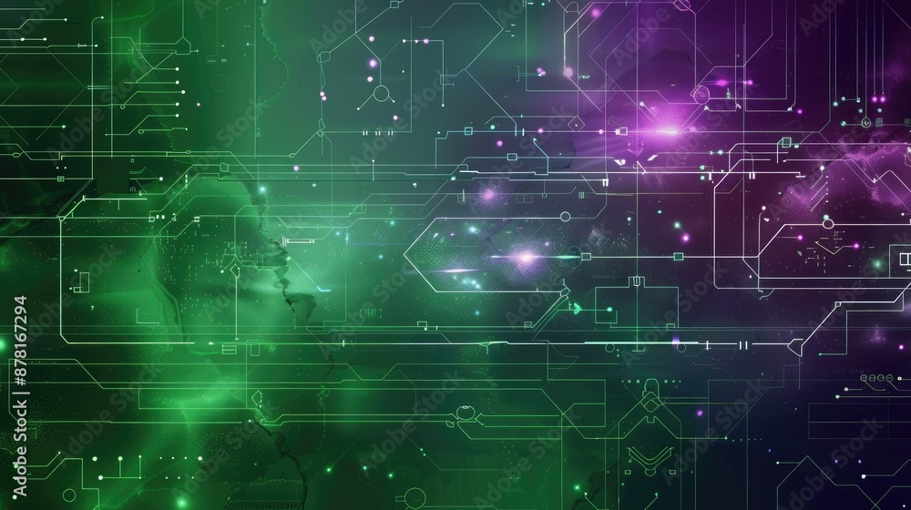 Poster The image is a circuit board with green and purple lights. It is a background image for advertisement.