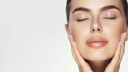 Naklejka premium Skincare with young woman touching her face with both hands. touching healthy facial skin portrait. Girl model with natural makeup touching glowing hydrated skin isolated background. Copy space
